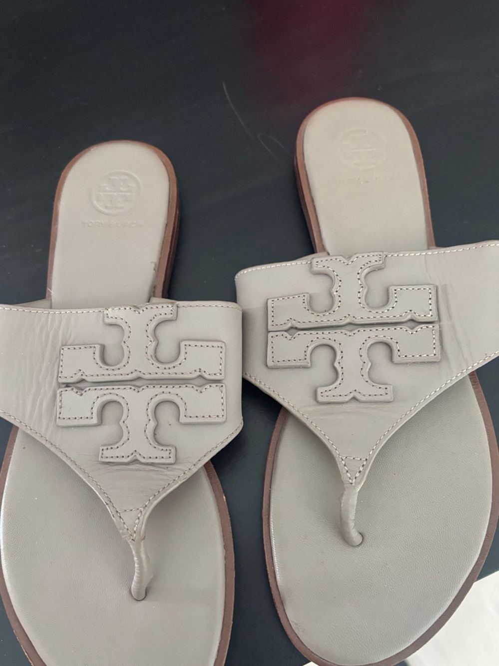 Tory Burch Neutral Leather Logo Thong Sandals